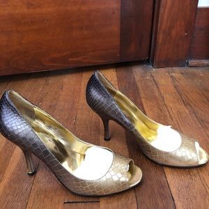 Gold python printed heels